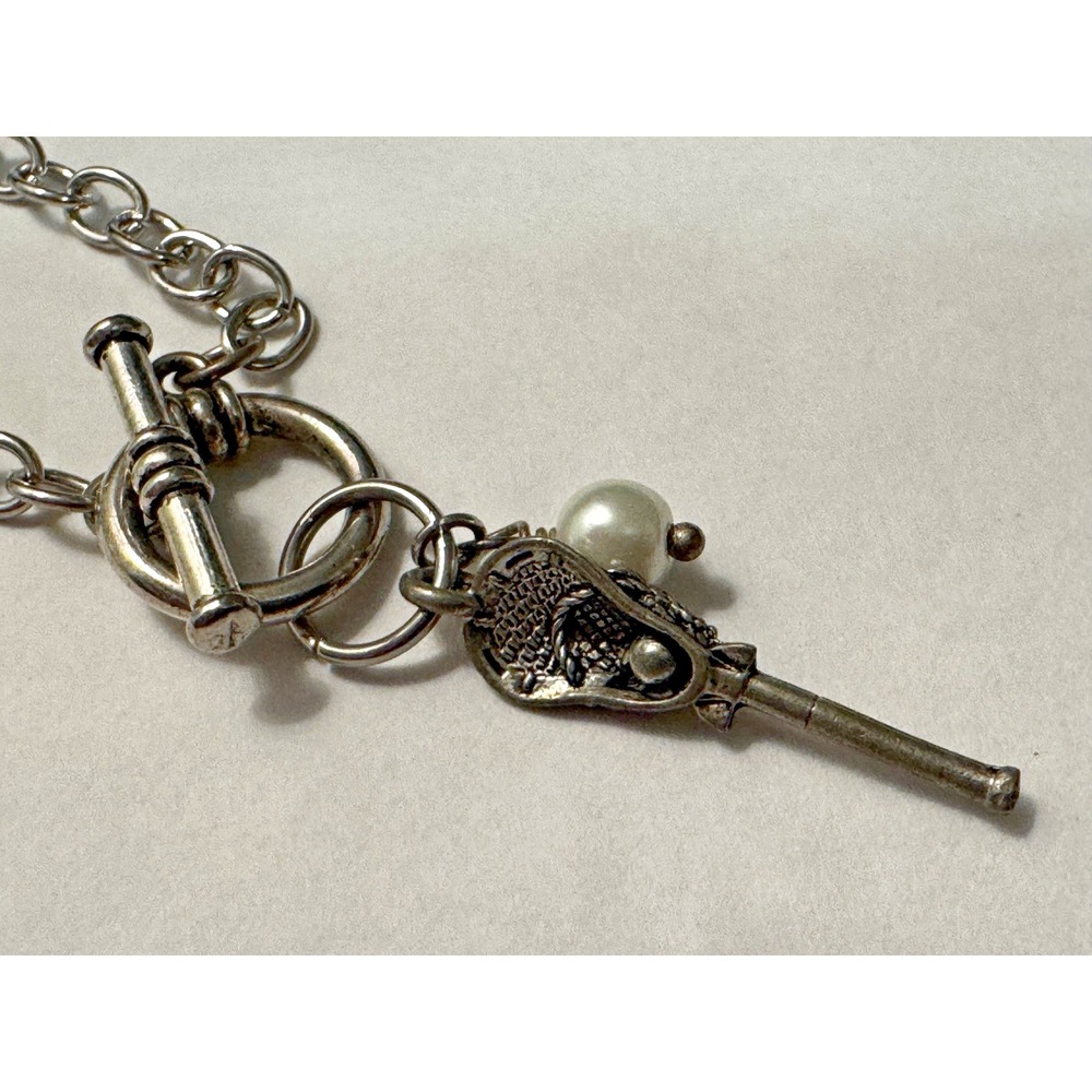 Silver‎ Tone Lacrosse Stick Charm Necklace with Pearl Accent Toggle Clasp 18in
